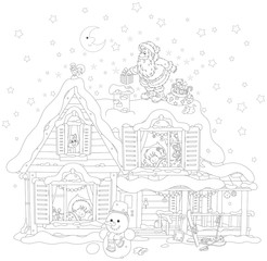 Naklejka premium The night before Christmas, Santa Claus on the snow covered housetop with his holiday gifts for little children