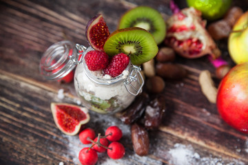 Well being and weight loss concept, berry smoothie and cereal