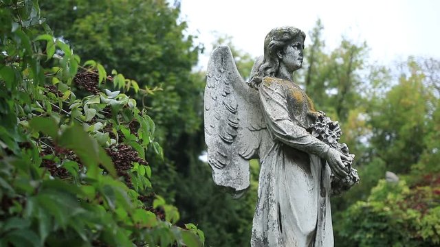 Sculpture of stone angel praying at the cemetery