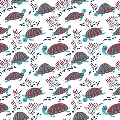 Cartoon vector turtles in the reeds seamless pattern