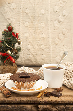 Christmas and New Year still life with chocolate cupcake