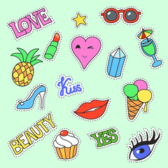 Fashion patch badges. Cartoon Patches collection vector illustration. Stickers, pins with lips, ice cream, kiss.