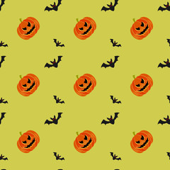 Halloween symbols pumpkin and bats seamless pattern on green background, trendy flat style illustration. Cute fun evil smiling october pumpkins, jack-o'-lantern sign