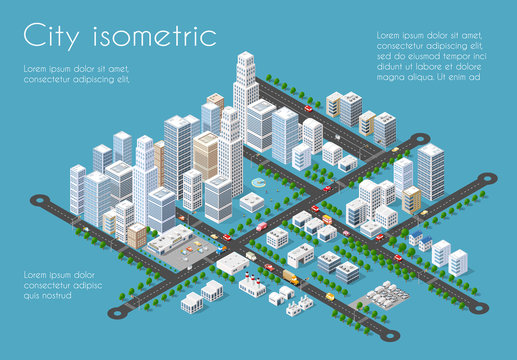 Transportation 3D city streets intersection with houses and trees. Isometric view from above on a city transport