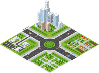 Transportation City streets intersection with houses and trees. Isometric view from above on a city transport