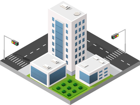 Isometric city with skyscrapers with houses, streets and buildings. Navigation pointer arrow direction of movement and travel.