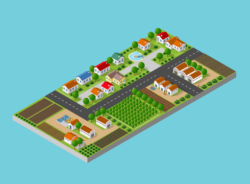 Isometric farm with the houses, streets and buildings. The three-dimensional top view of a rural landscape with nature and with the town streets