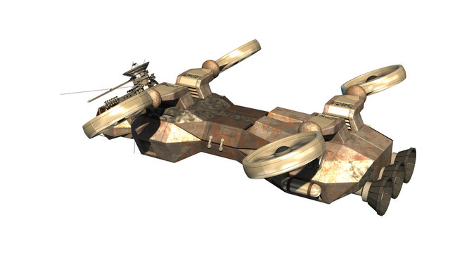 3D rendering of helicopter drone or alien spacecraft for science fiction backgrounds, fantasy war games, futuristic military battles or space travel, with the clipping path included in the file.