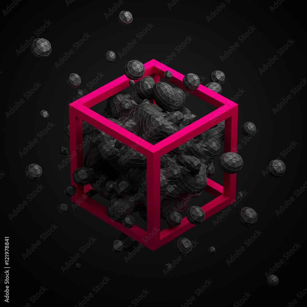 Poster abstract 3d rendering of chaotic low poly liquid in cube. background with dynamic polygonal fluid sp