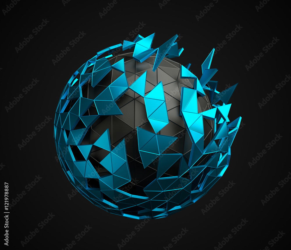 Poster abstract 3d rendering of low poly sphere with chaotic structure. sci-fi background with polygonal sh