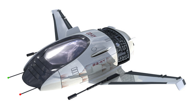 3D Illustration of futuristic spacecraft or military surveillance drone for fantasy games or science fiction backgrounds of interstellar space travel, with the clipping path included in the file.