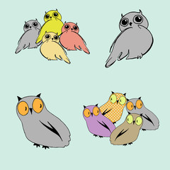 Set of colorful owls