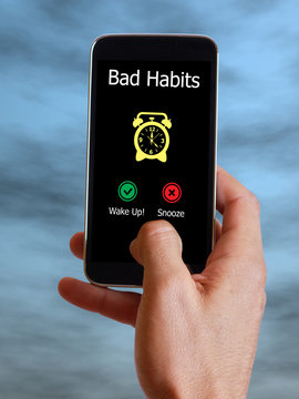 Bad Habits Alarm On Celular Phone. Wake Up Or Snooze. Self Awareness Concept.