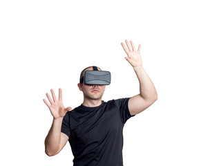 Man using virtual reality headset  isolated on white blackground