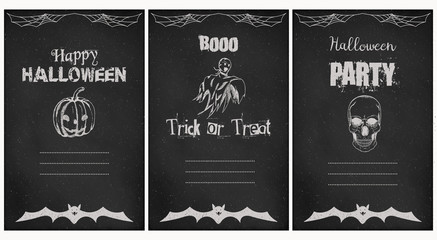 Halloween greeting vector cards set. Grunge chalkboard style.