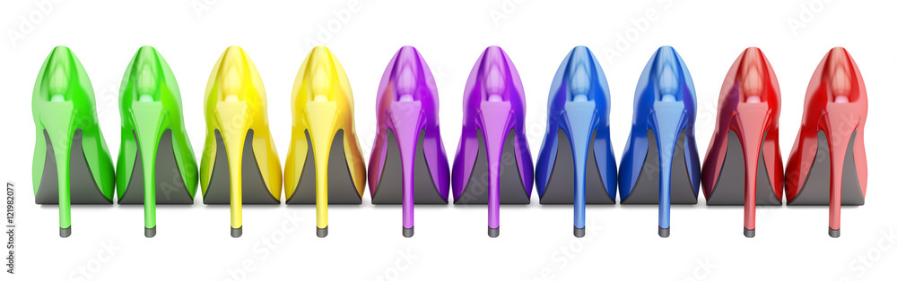 Poster row from color high heel shoes, 3d rendering