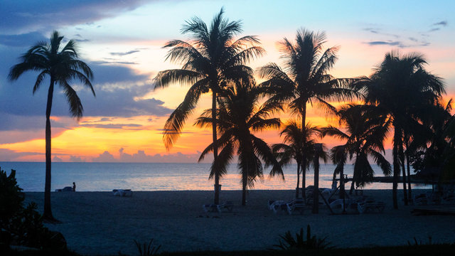 Atardecer y puesta de sol , con siluetas de palmeras en Cuba