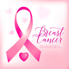 Breast cancer ribbons and heart awareness card background