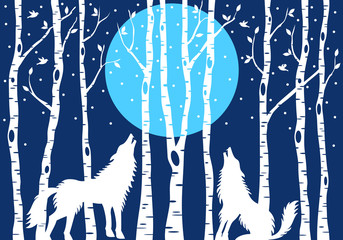 Naklejka premium Howling wolf with birch trees, vector