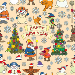 Fototapeta na wymiar Holiday card with snowflakes and says Happy new year. Seamless.