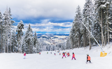 Group of children on a ski slope in winter season,  learning ski sport in Poiana Brasov, Romania