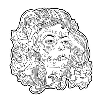 Girl face with Sugar skull or Calavera Catrina makeup and roses isolated on white. Vector illustration for Mexican Day of the dead or Dia de los Muertos. Design for coloring book in contour style.