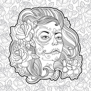 Woman face with Sugar skull or Calavera Catrina makeup on the background with roses. Vector illustration for Mexican Day of the dead or Dia de los Muertos. Design for coloring book in contour style.