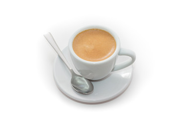Cup of fresh brewed espresso with a spoon isolated on white background