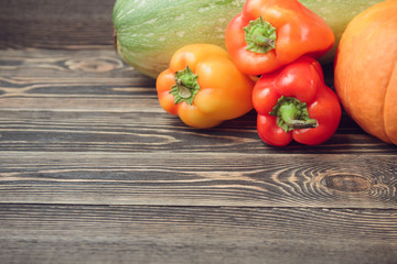 Fresh farmers garden vegetables on wooden table