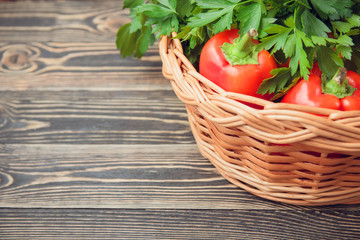 Fresh farmers garden vegetables on wooden table