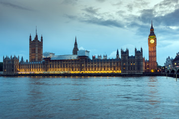 Night photo of Houses of Parliament with Big Ben, Westminster Palace, London, England, United...