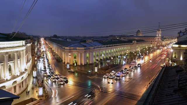 St. Petersburg time-lapse photography view of the Gostinniy Dvor, Nevsky Prospekt and Sadovaya Street