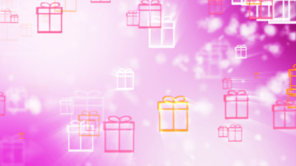 Christmas pink background with gift boxes and snowflakes.
