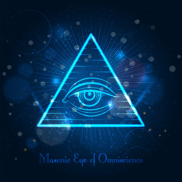 Masonic eye of Omniscience on blue shining background. Vector illustration