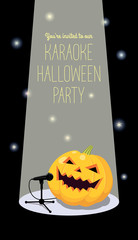 Invitation to karaoke Halloween party. Vector illustration of a cartoon pumpkin in a light spot  singing into a microphone. Long vertical format, black background, yellow text.
