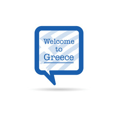 welcome to greece in square spech bubble illustration in blue