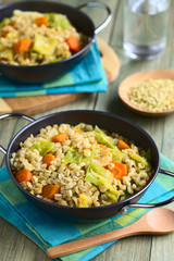 Vegan stew made of wheat grains, savoy cabbage, carrot, pumpkin and onion, photographed with natural light (Selective Focus, Focus one third into the dish)