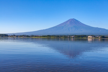 Panorama view of Mountain Fuji with reflection at Lake Kawaguchiko in summer  season