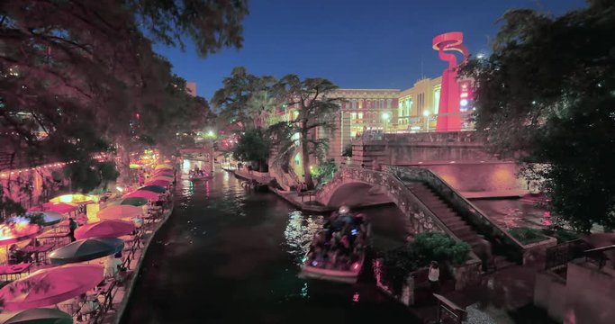 A day to night timelapse view over the famous river walk in downtown Auston, Texas.  	