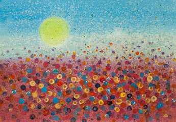 Acrylic painting of colorful wildflower field, hand painted, impressionist style