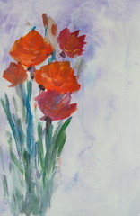 Red poppy acrylic color painting, hand painted, impressionist style