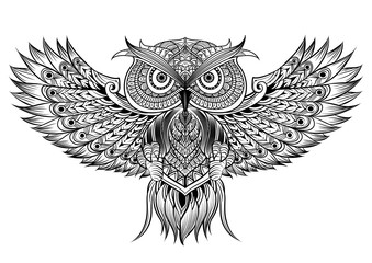 Vector hand drawn Owl. Black and white zentangle art. Ethnic pat