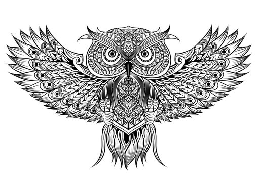 Vector hand drawn Owl. Black and white zentangle art. Ethnic pat