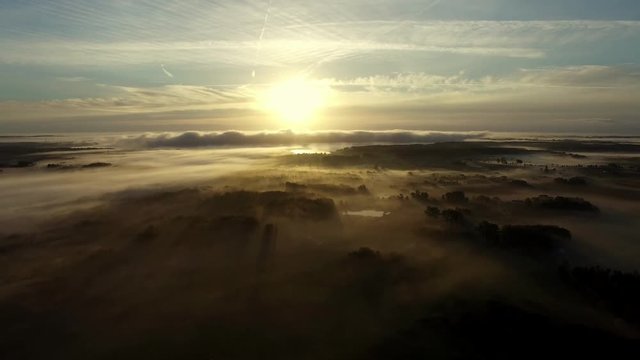 Aerial View Of Fog Mist Over Rural Countryside