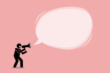 Person talking and shouting using a megaphone to promote, call, and tell an important announcement in a big promotional bubble speech message. Vector depict marketing, promotion, and advertisement.
