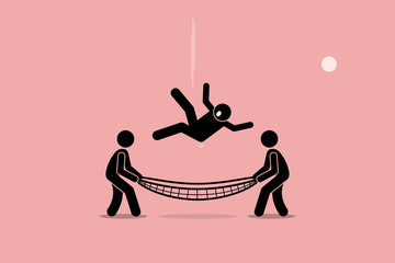 Man falling down and saved by people using safety net at the bottom of the ground. Vector artwork depicts safety, security, insurance, friendship, help, and support. 