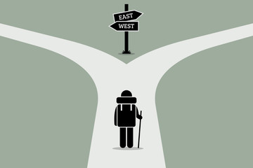 Explorer reaching a split road trying to make decision on where to go next. Road sign showing different directions. Vector artwork depicts junction of life, decision making, and uncertain future.