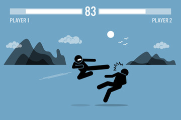 Stick figure fighter characters fighting inside a video game scene with health bars on top. One person is flying kicking another man with beautiful scenery at the background.