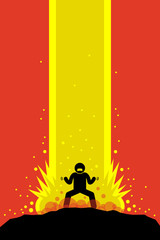 Superhero superhuman charging up his super power energy that explode up to the sky causing a massive explosion. His super power is overwhelming. Vector artwork drawn in anime style.