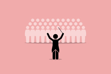 Conductor conducting a choir group. Vector artwork depicts leadership, director, instructor, master, and coordinator.